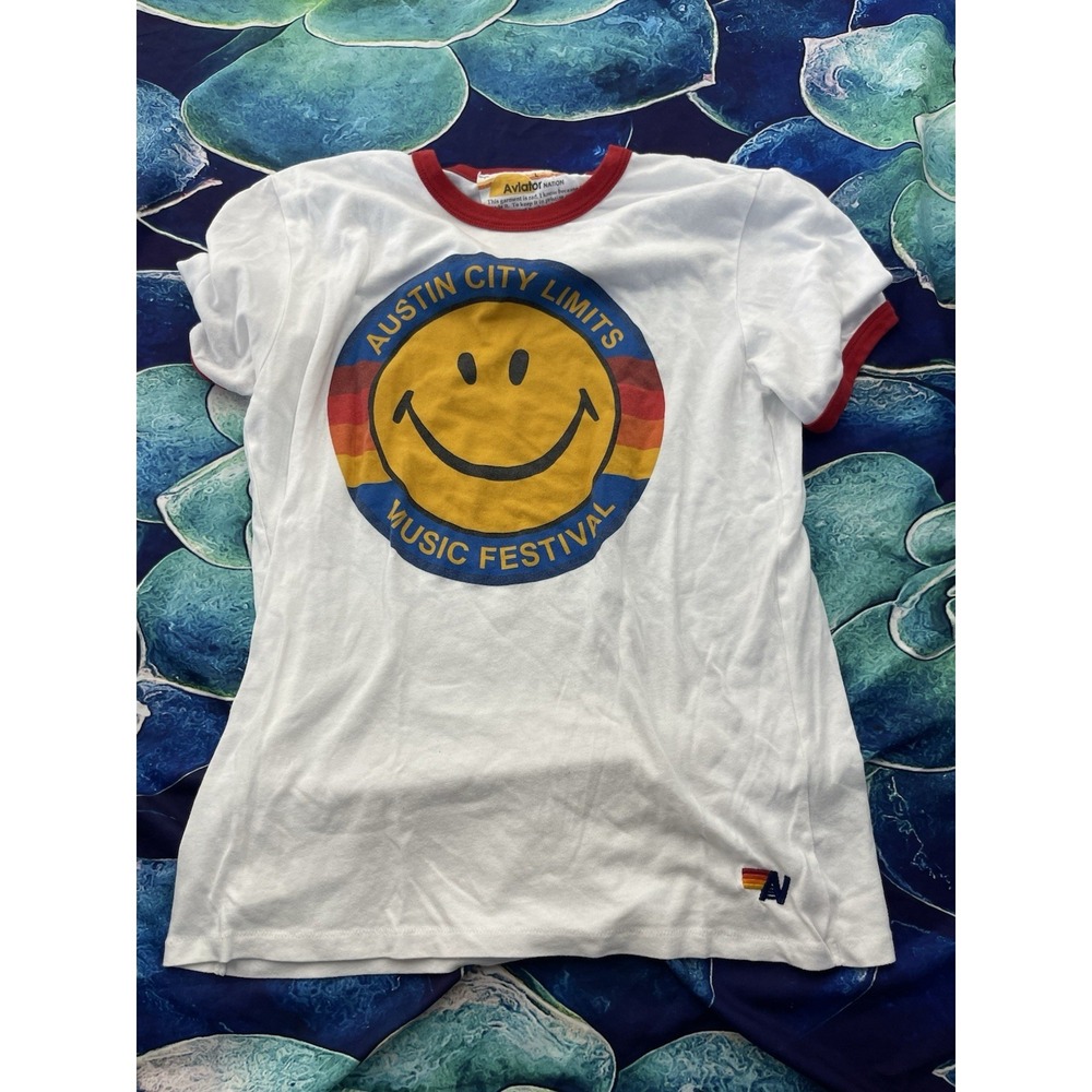 Aviator Nation Shirt  L White Red Austin City Limits ACL Ringer Tee Smiley H60